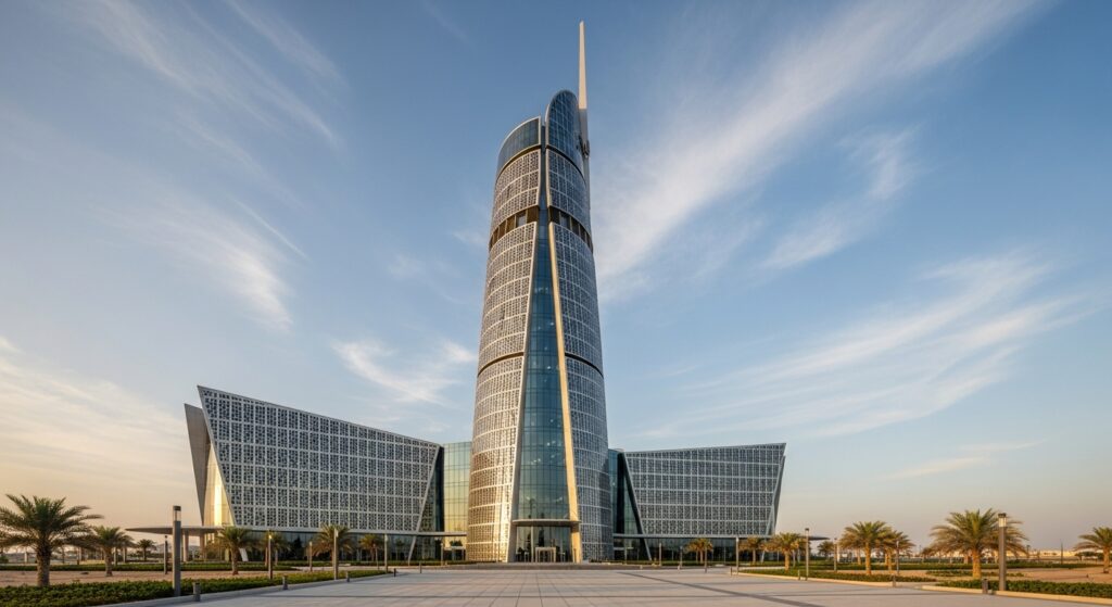 Large commercial warehouse and industrial buildings in the UAE with extensive rooftop solar panel installations, high-capacity solar arrays, workers in safety gear, cranes and infrastructure, sunny desert environment, ultra-realistic, corporate clean energy theme, high detail.